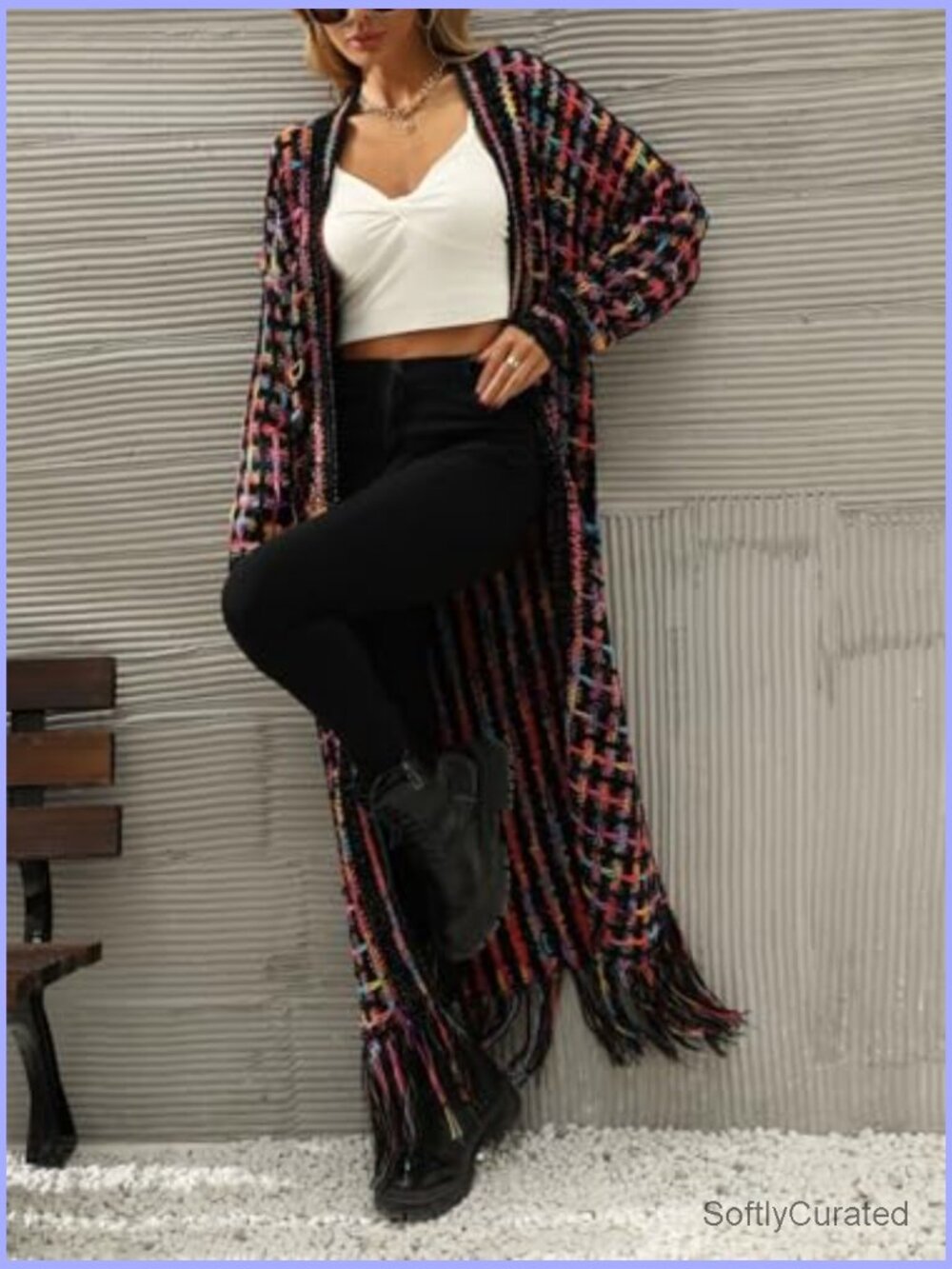 Womens Long Chunky Knit Cardigan Sweater Open Front Fringe Tassels Boho Western - Picture 6 of 7